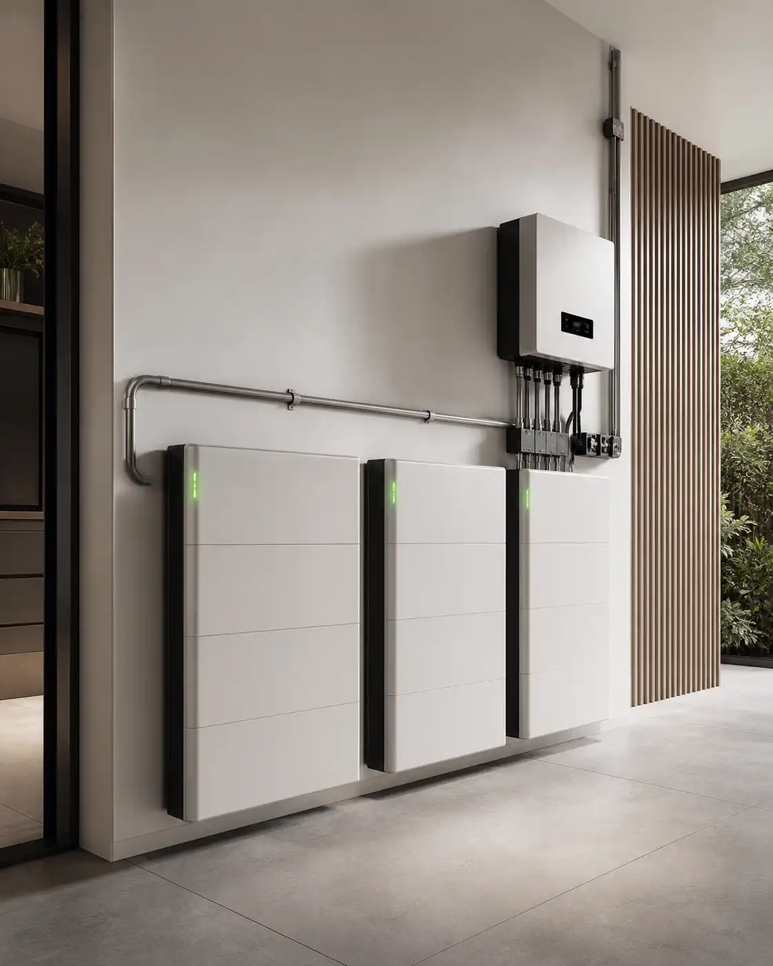 Modern wall-mounted battery energy storage installation