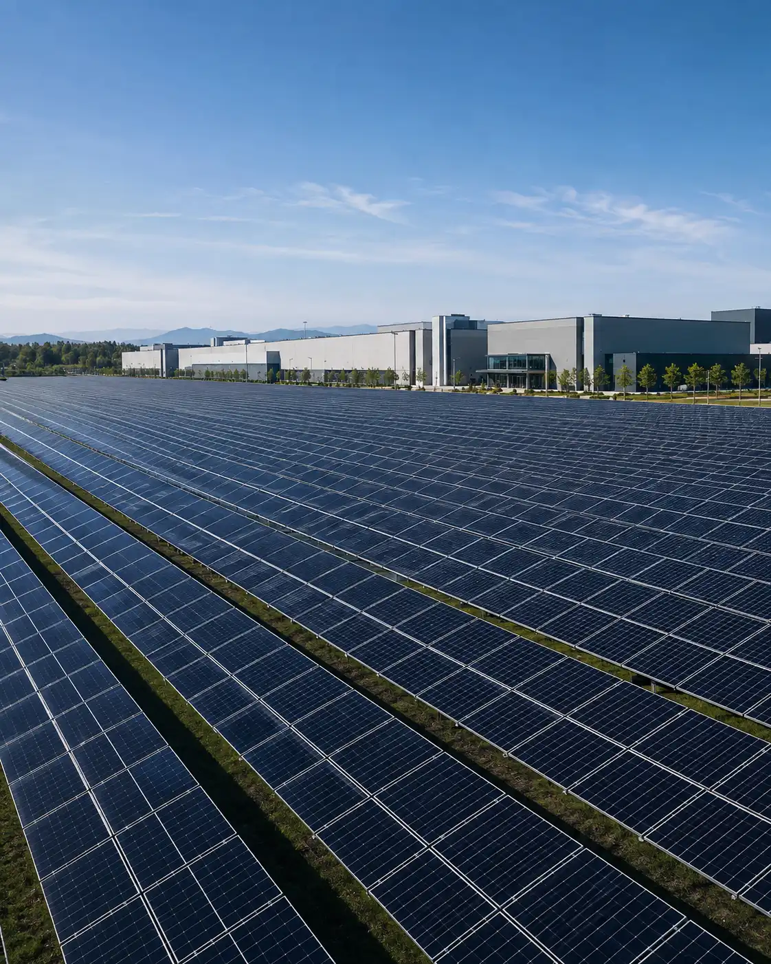 Commercial solar farm beside a modern industrial facility
