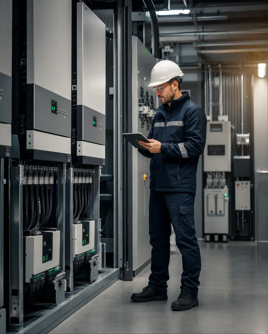 Engineer inspecting energy equipment in a modern plant room