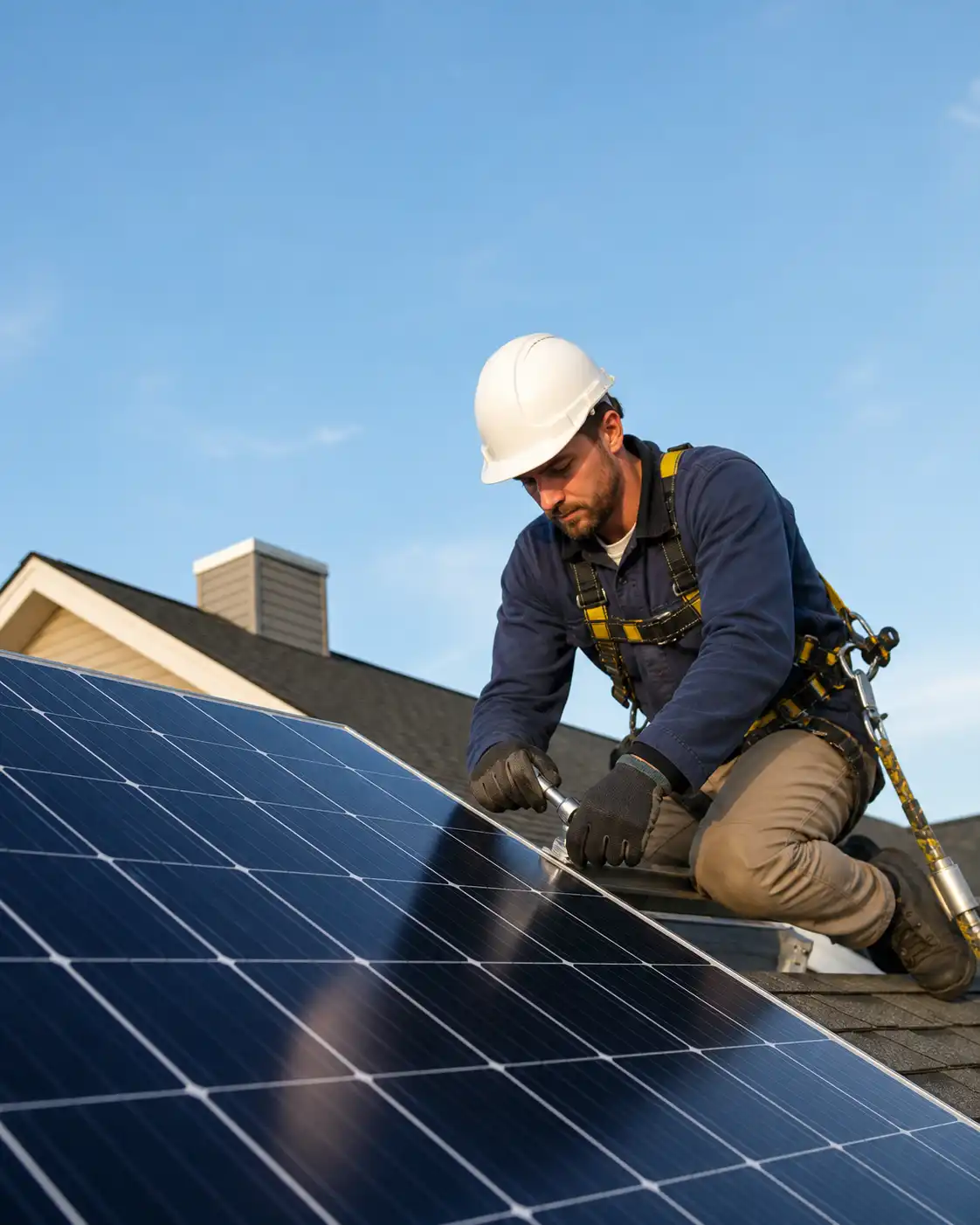 Technician installing solar panels on a residential roof